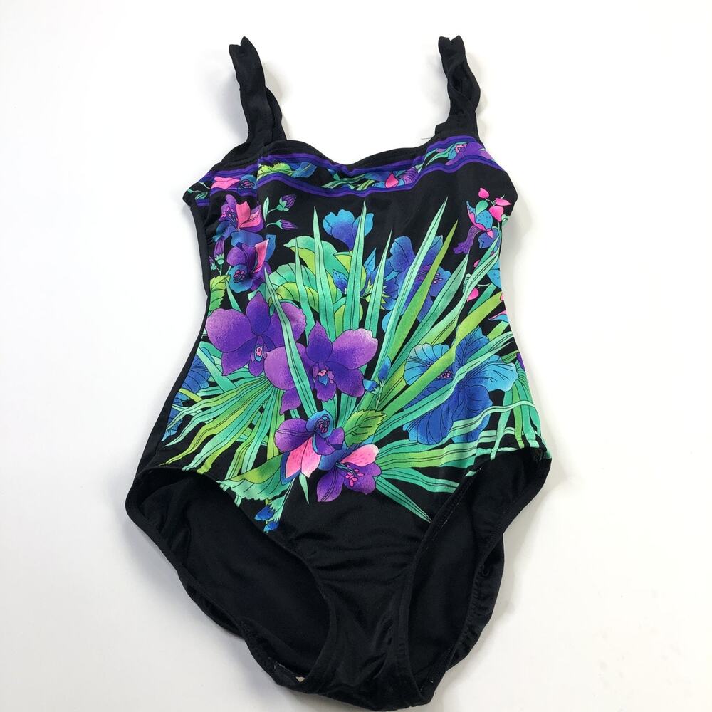 Vintage Gabar Swimsuit NO TAG OS Floral One Piece Made in USA Y2K Black MINT